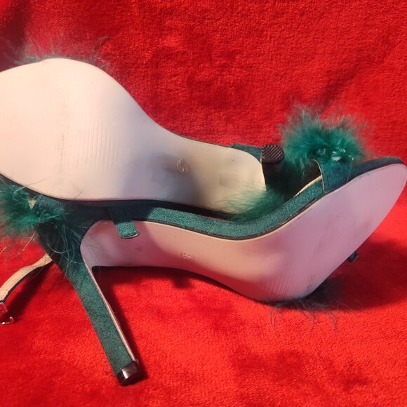 Crystal Queen Kelly Green Suede Open Toe Feather Ankle Strap Heels Size 40 - Picture 8 of 9